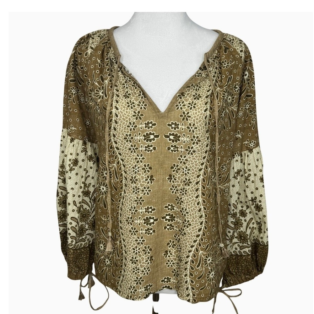 D'ascoli Peasant Blouse Size Medium Brown Floral Long Sleeve Cotton Boho Resort